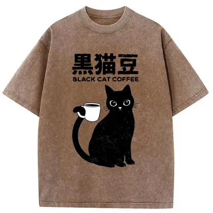 Tokyo-Tiger Black Cat And Coffee Washed T-Shirt