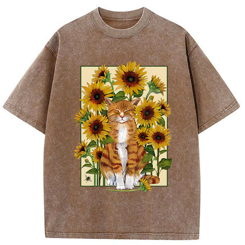 Tokyo-Tiger Sunflower And Orange Cat Washed T-Shirt