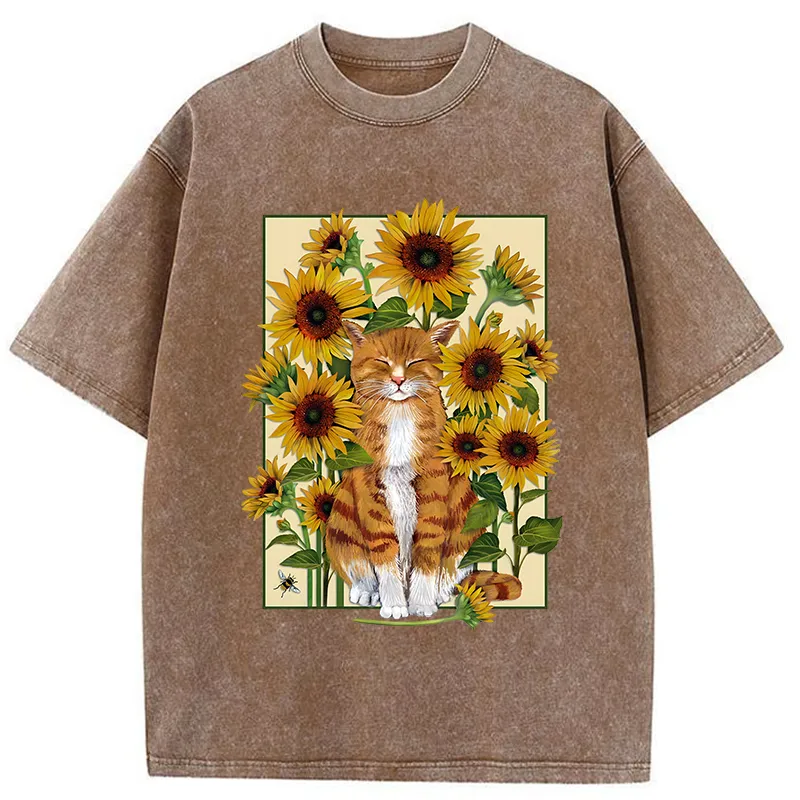 Tokyo-Tiger Sunflower And Orange Cat Washed T-Shirt