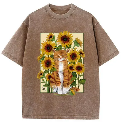 Tokyo-Tiger Sunflower And Orange Cat Washed T-Shirt