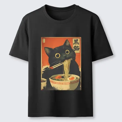 Tokyo-Tiger Black Cat Eats Japanese Ramen Retro Classic T-Shirt