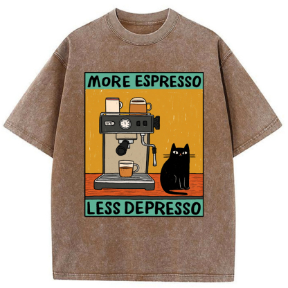 Tokyo-Tiger More Espresso Less Depresso Cat Washed T-Shirt