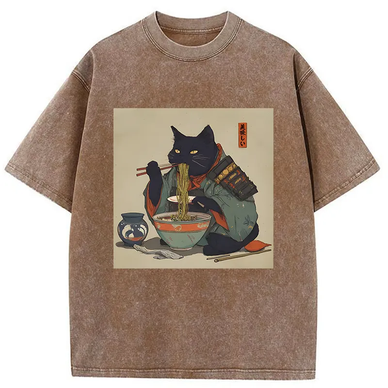 Tokyo-Tiger Cat Warrior Eating Ramen Washed T-Shirt Sale