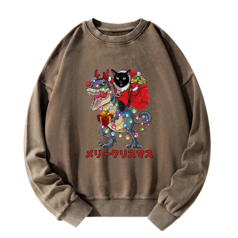 Tokyo-Tiger Cat Riding Dinosaur Christmas Washed Sweatshirt