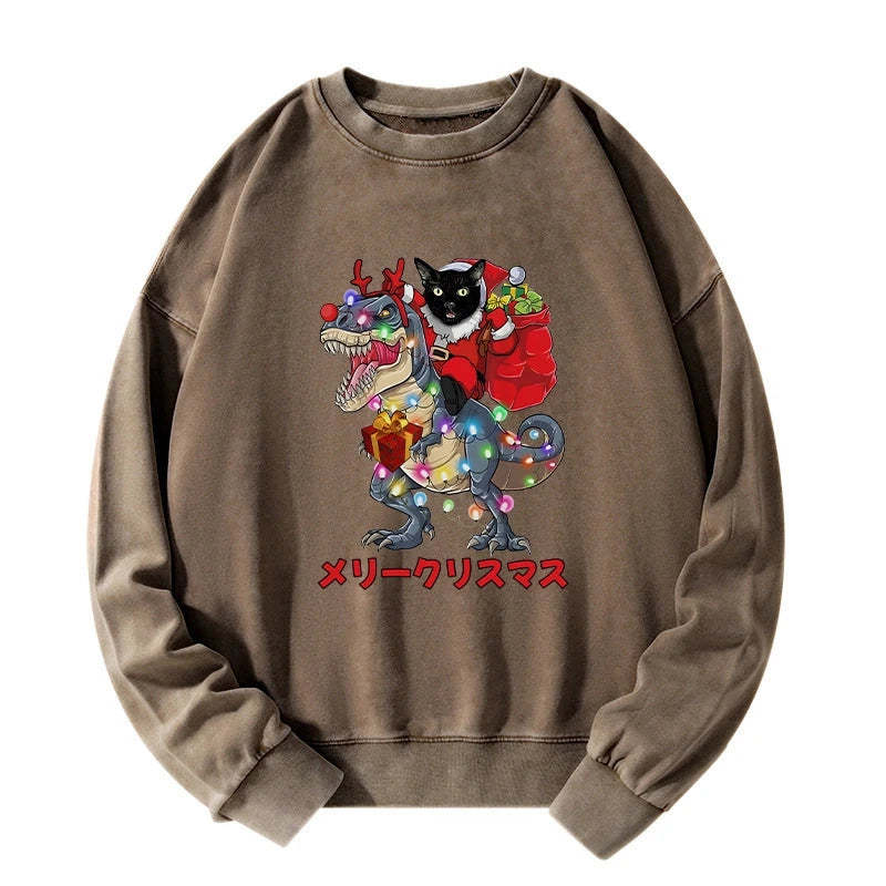 Tokyo-Tiger Cat Riding Dinosaur Christmas Washed Sweatshirt