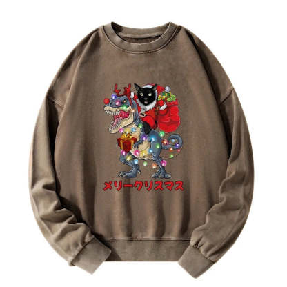 Tokyo-Tiger Cat Riding Dinosaur Christmas Washed Sweatshirt