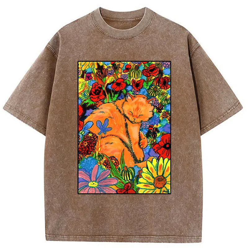 Tokyo-Tiger Colorful Orange Cats And Flowers Washed T-Shirt