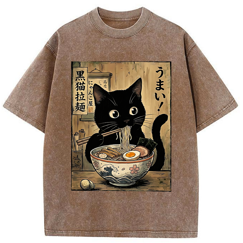 Tokyo-Tiger Black Cat Eats Delicious Japanese Ramen Washed T-Shirt