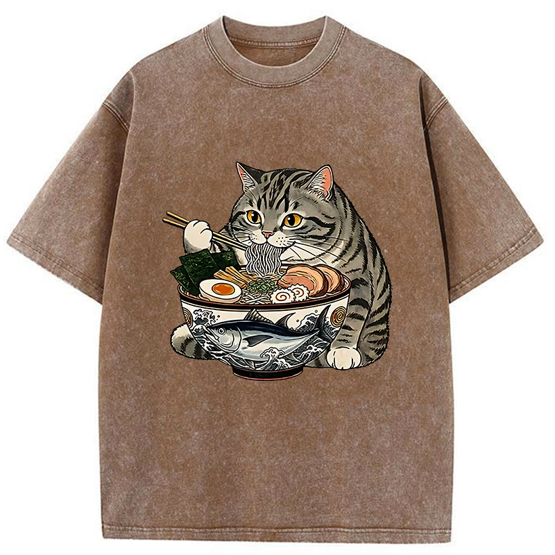 Tokyo-Tiger Fat Cat Eats Delicious Japanese Ramen Washed T-Shirt