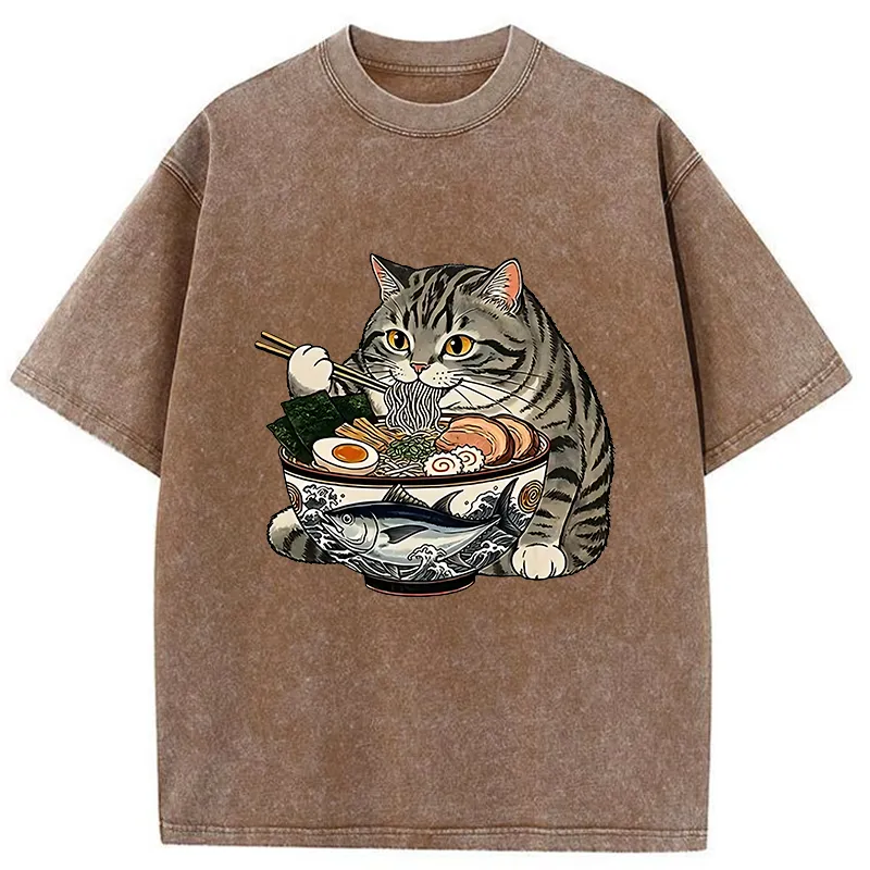 Tokyo-Tiger Fat Cat Eats Delicious Japanese Ramen Washed T-Shirt