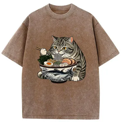 Tokyo-Tiger Fat Cat Eats Delicious Japanese Ramen Washed T-Shirt