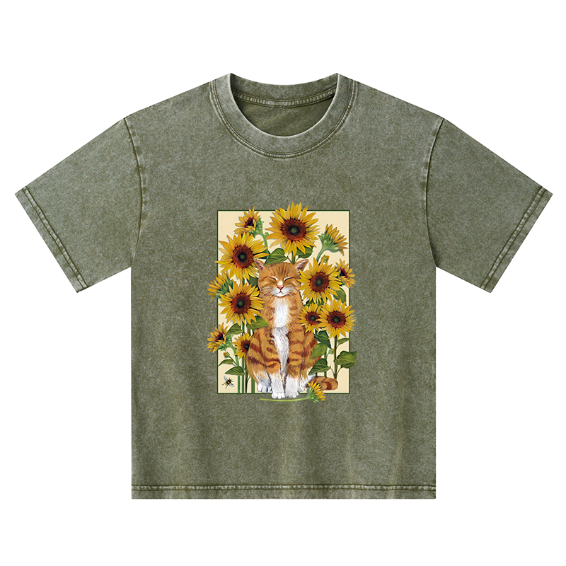Tokyo-Tiger Sunflower And Orange Cat Kids Washed T-Shirt