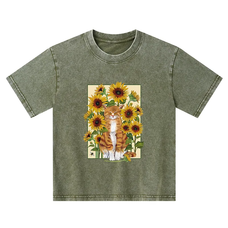 Tokyo-Tiger Sunflower And Orange Cat Kids Washed T-Shirt