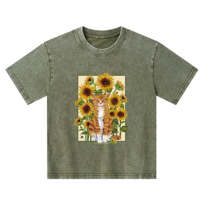 Tokyo-Tiger Sunflower And Orange Cat Kids Washed T-Shirt