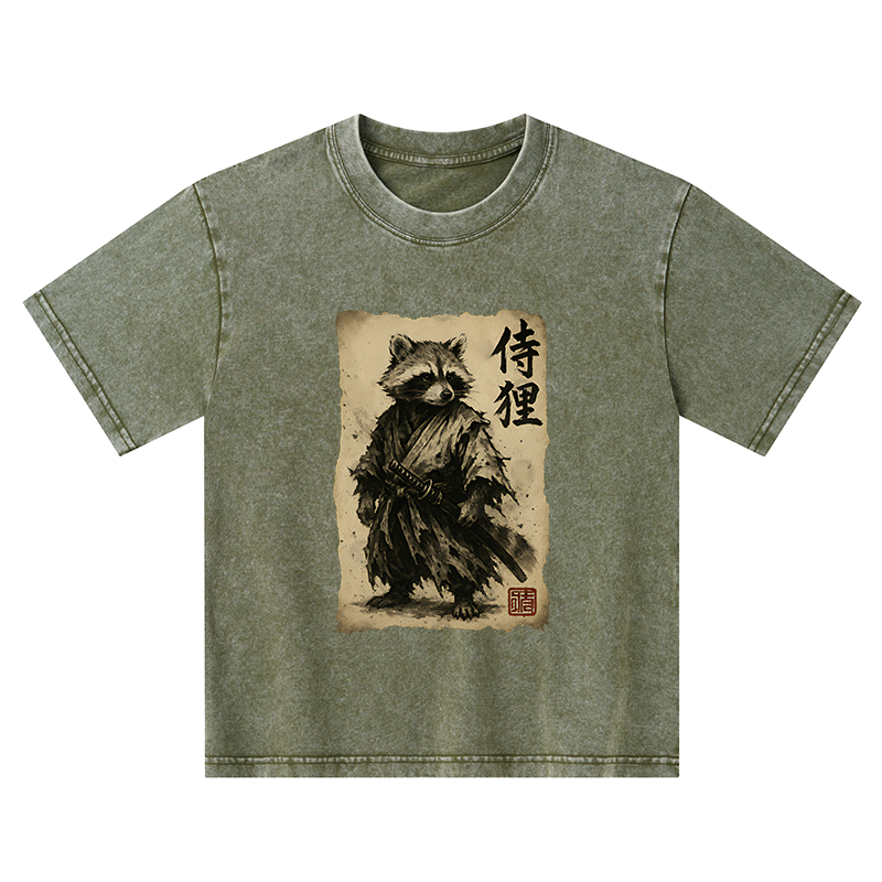 Tokyo-Tiger Retro Raccoon Samurai Kids Washed T-Shirt