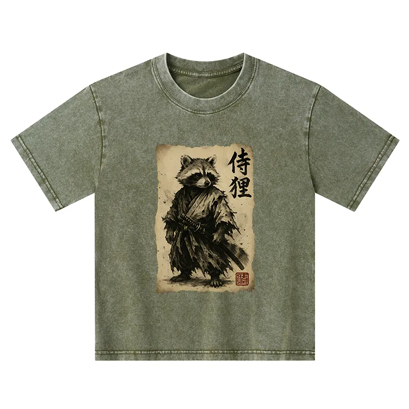 Tokyo-Tiger Retro Raccoon Samurai Kids Washed T-Shirt