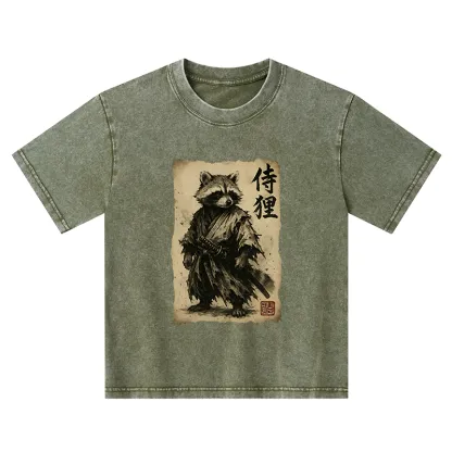 Tokyo-Tiger Retro Raccoon Samurai Kids Washed T-Shirt