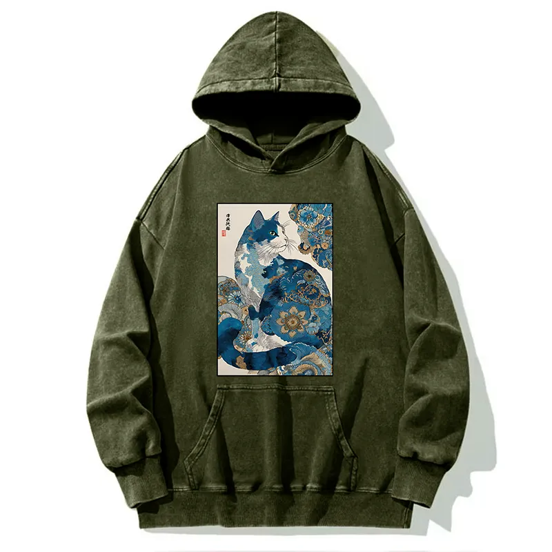 Tokyo-Tiger Japanese Ukiyo-e Flowers Cat Washed Hoodie