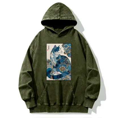 Tokyo-Tiger Japanese Ukiyo-e Flowers Cat Washed Hoodie