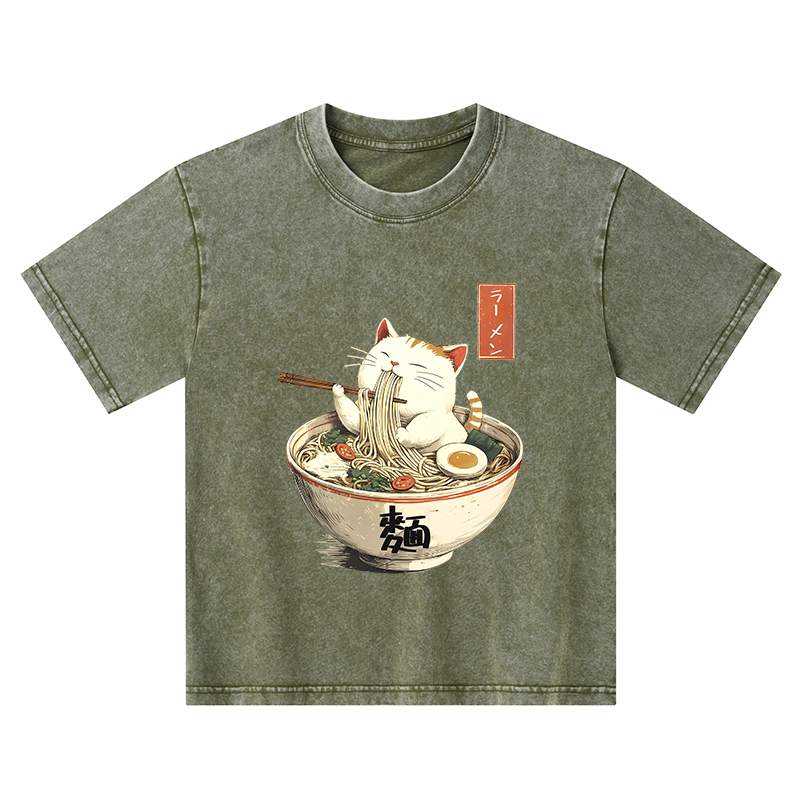 Tokyo-Tiger White Cat Eating Ramen Japan Kids Washed T-Shirt