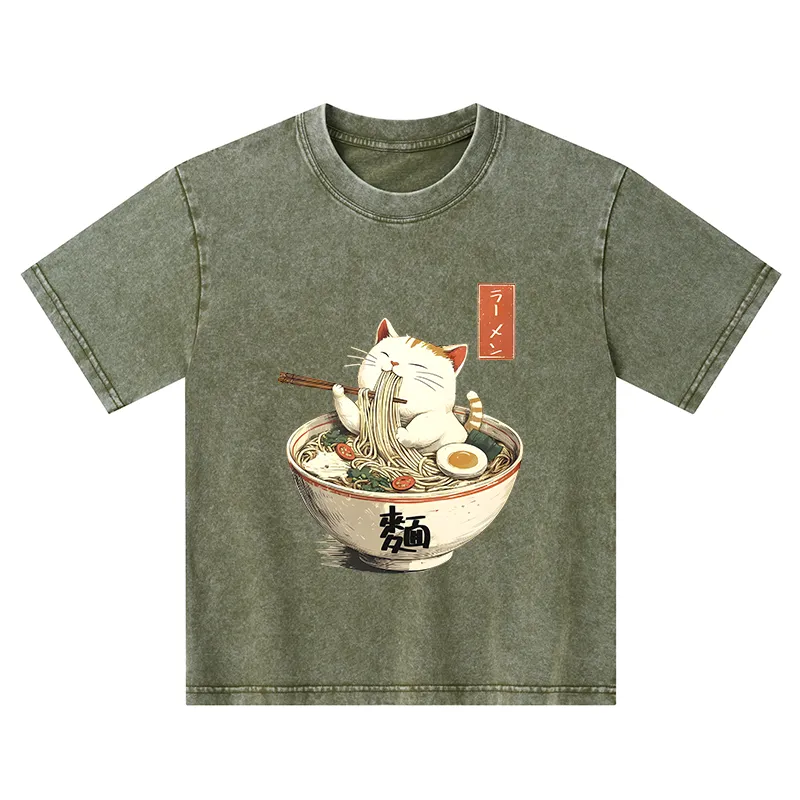 Tokyo-Tiger White Cat Eating Ramen Japan Kids Washed T-Shirt