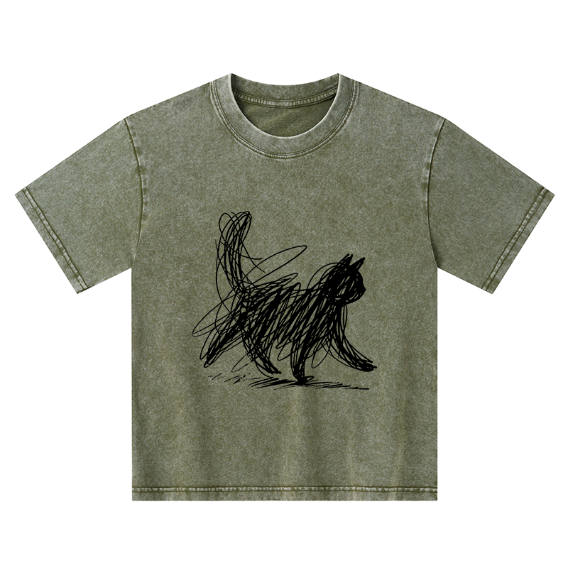 Tokyo-Tiger Minimalist Cat Art Kids Washed T-Shirt
