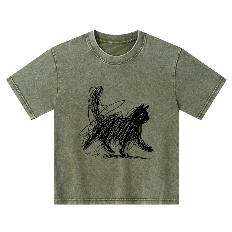 Tokyo-Tiger Minimalist Cat Art Kids Washed T-Shirt