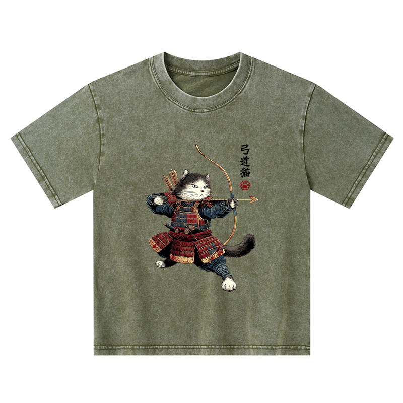 Tokyo-Tiger Kyudo Samurai Cat Kids Washed T-Shirt