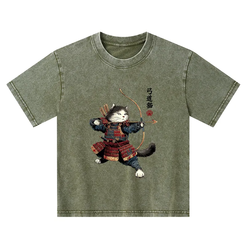 Tokyo-Tiger Kyudo Samurai Cat Kids Washed T-Shirt