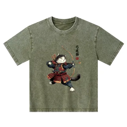 Tokyo-Tiger Kyudo Samurai Cat Kids Washed T-Shirt