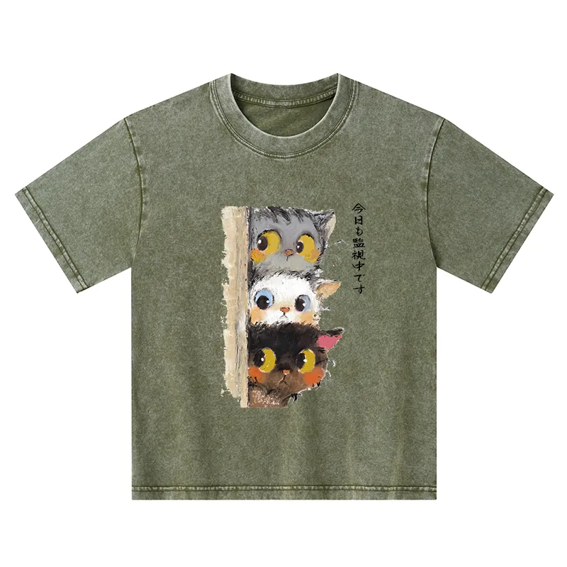 Tokyo-Tiger Three Cats Secretly Monitor Their Owner Kids Washed T-Shirt
