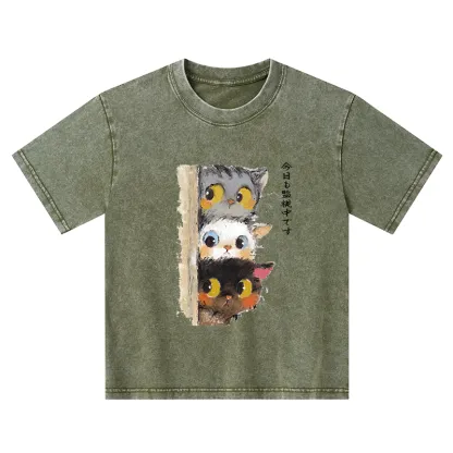 Tokyo-Tiger Three Cats Secretly Monitor Their Owner Kids Washed T-Shirt
