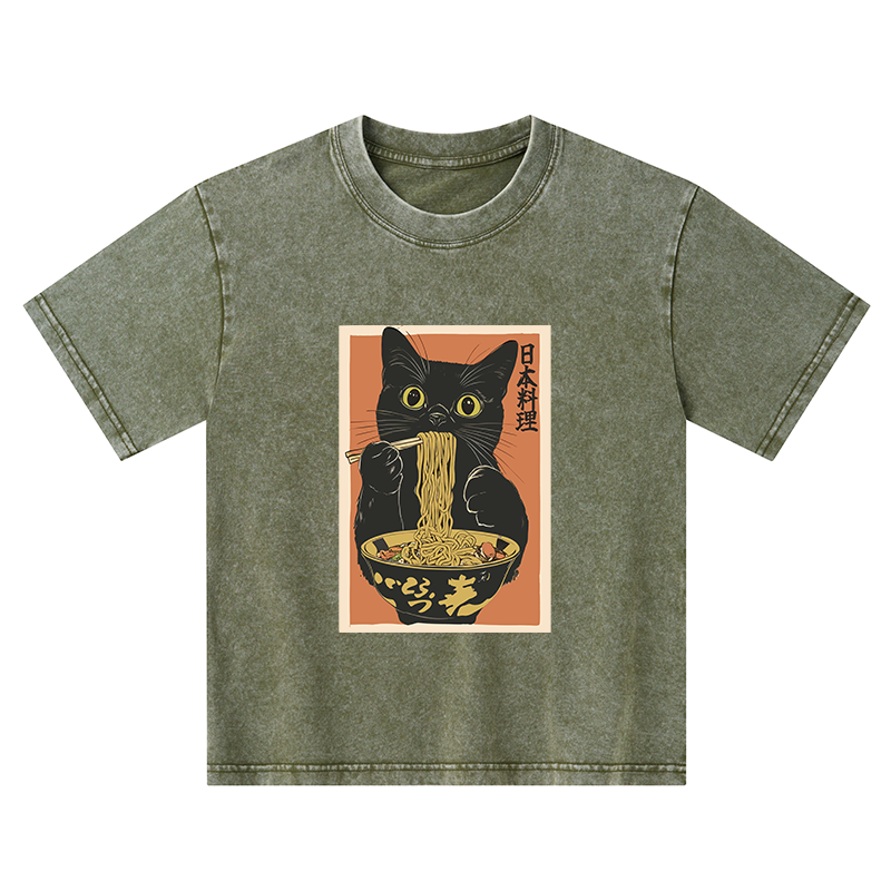 Tokyo-Tiger Black Cat Eats Japan Ramen Kids Washed T-Shirt