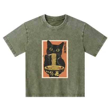 Tokyo-Tiger Black Cat Eats Japan Ramen Kids Washed T-Shirt