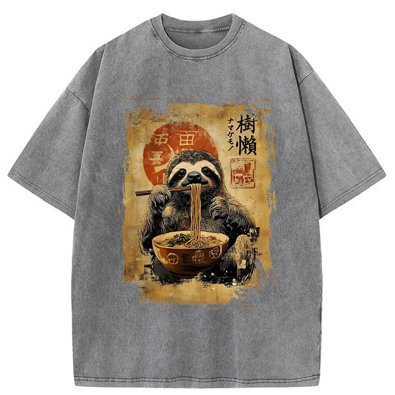 Tokyo-Tiger Sloth Eating Ramen Washed T-Shirt