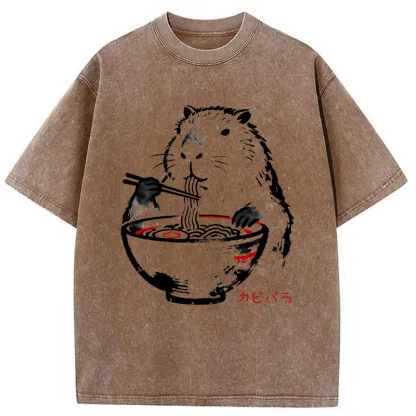 Tokyo-Tiger Capybaras Eat Delicious Ramen Washed T-Shirt