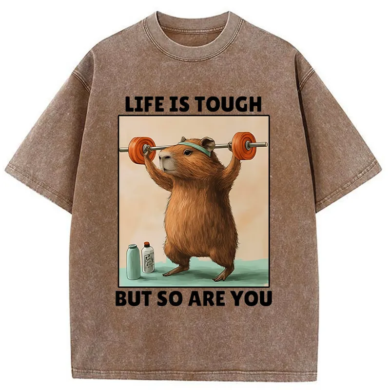 Tokyo-Tiger Capybara Lifting Weights Washed T-Shirt