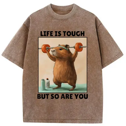 Tokyo-Tiger Capybara Lifting Weights Washed T-Shirt