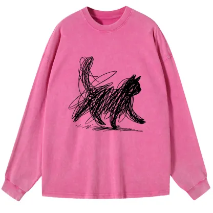 Tokyo-Tiger Minimalist Cat Art Washed Long Sleeve T-Shirt