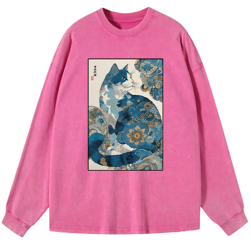 Tokyo-Tiger Japanese Ukiyo-e Flowers Cat Washed Long Sleeve T-Shirt