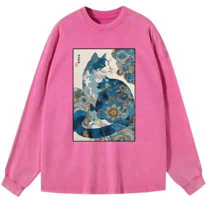 Tokyo-Tiger Japanese Ukiyo-e Flowers Cat Washed Long Sleeve T-Shirt