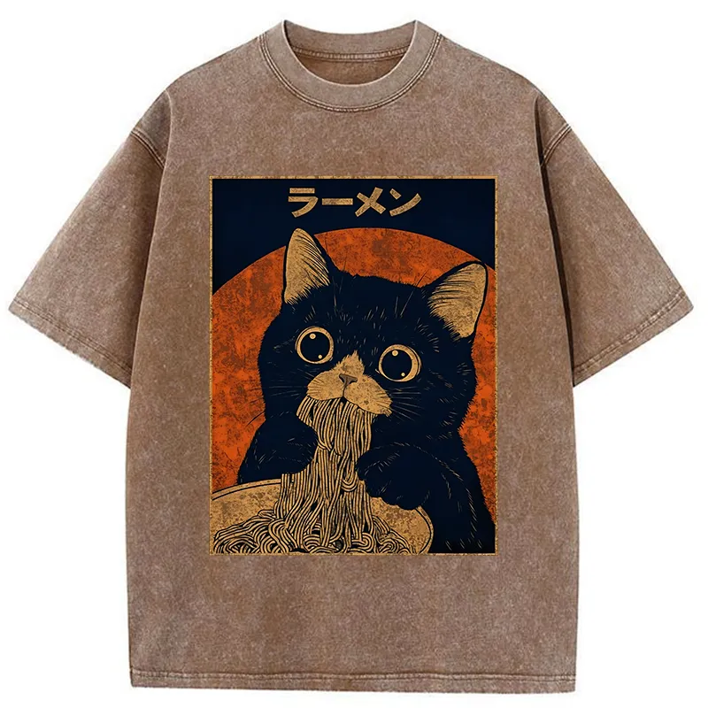 Tokyo-Tiger Retro Black Cat Eats Delicious Ramen Washed T-Shirt