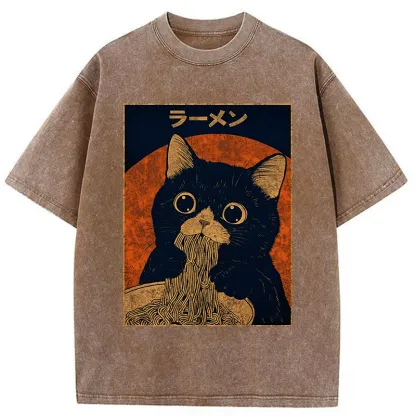 Tokyo-Tiger Retro Black Cat Eats Delicious Ramen Washed T-Shirt