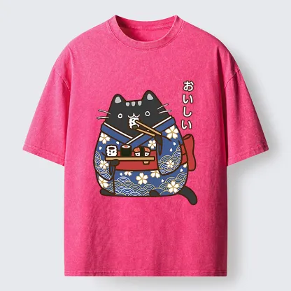 Tokyo-Tiger Geisha Cat Sushi Washed T-Shirt