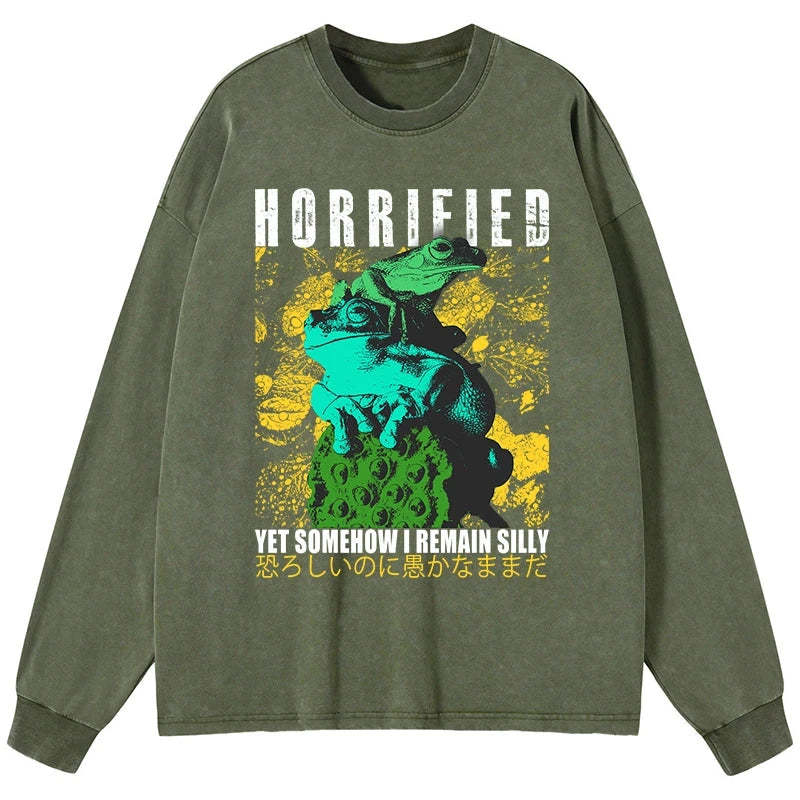 Tokyo-Tiger Horrified Two Frogs Funny Washed Long Sleeve T-Shirt Sale