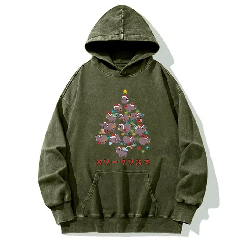 Tokyo-Tiger Moo Deng Christmas Tree Japanese Washed Hoodie