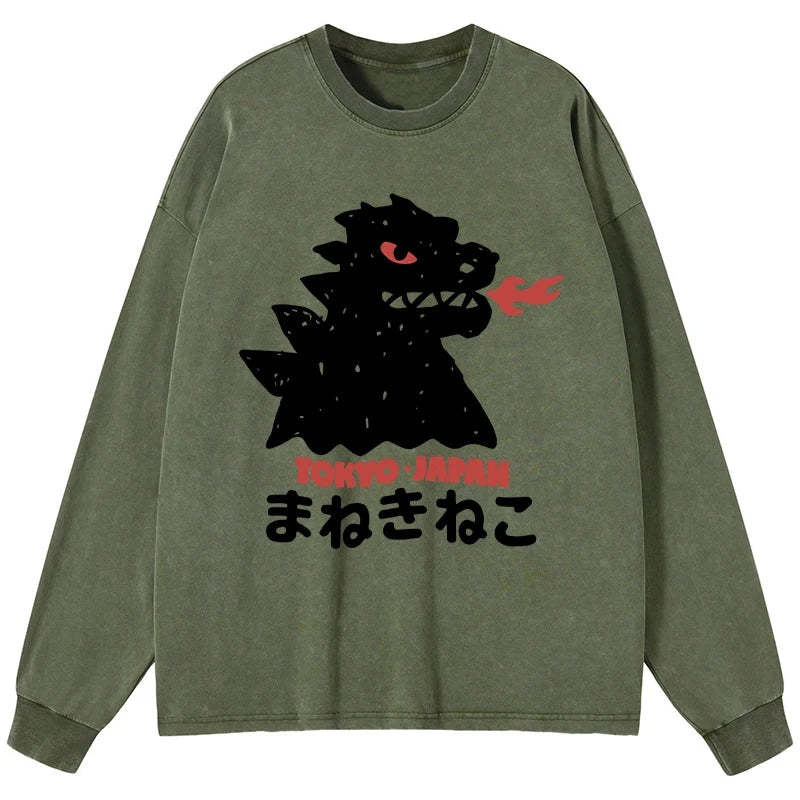 Tokyo-Tiger Japanese Fortune Cat Washed Long Sleeve T-Shirt Sale