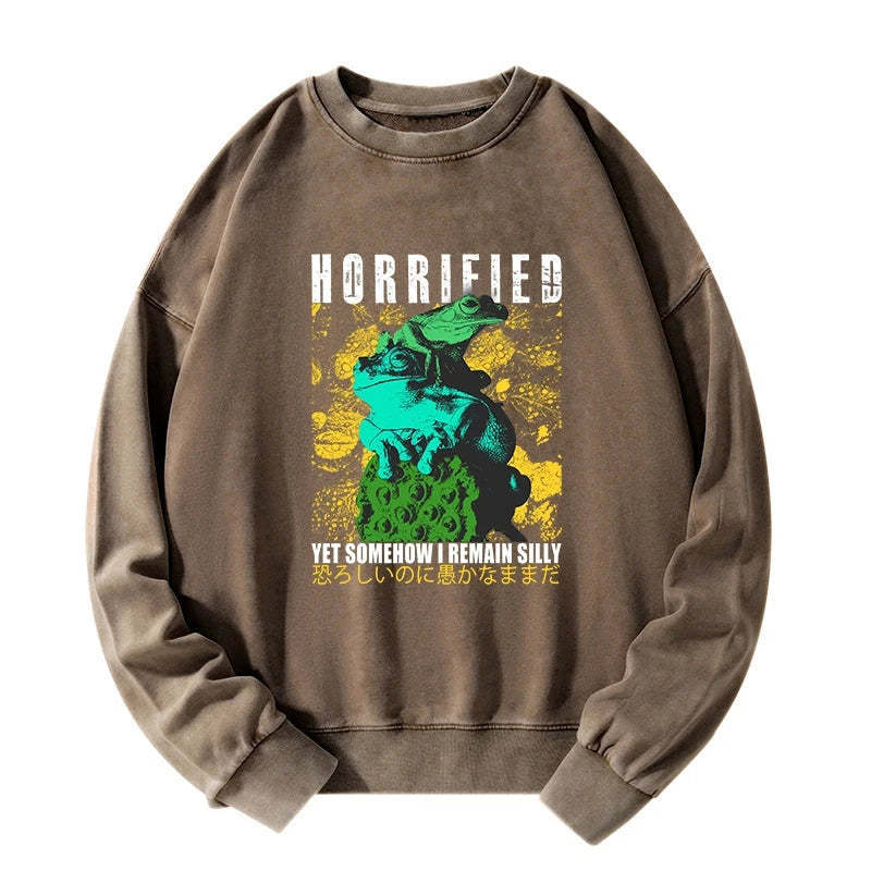 Tokyo-Tiger Horrified Two Frogs Funny Washed Sweatshirt