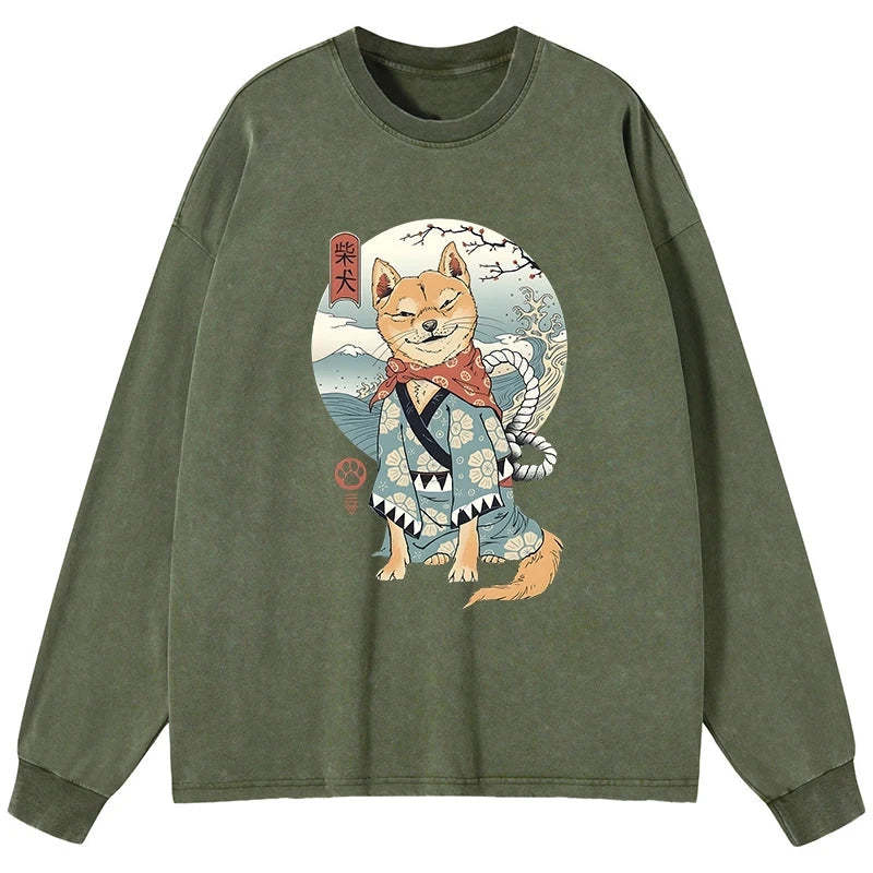 Tokyo-Tiger Samurai Shiba Dog Japanese Washed Long Sleeve T-Shirt