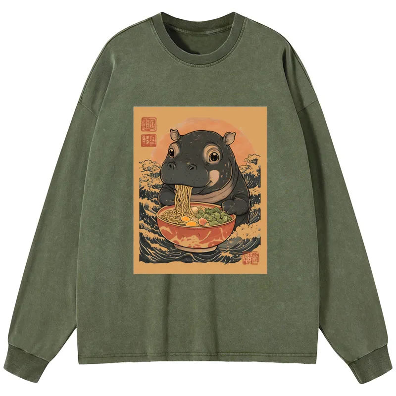 Tokyo-Tiger Moo Deng Eat Ramen Washed Long Sleeve T-Shirt